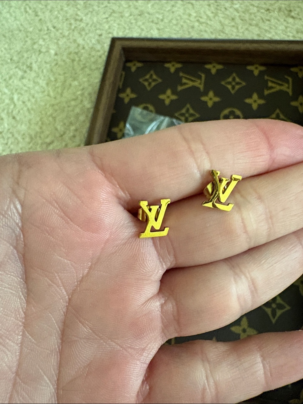 Gold Tone Logo Stud Earrings - Designer Inspired